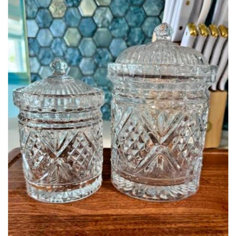 2 GODINGER DIAMOND POINT VERTICAL SPIRE CLEAR CUT CRYSTAL BISCUIT JAR BARREL